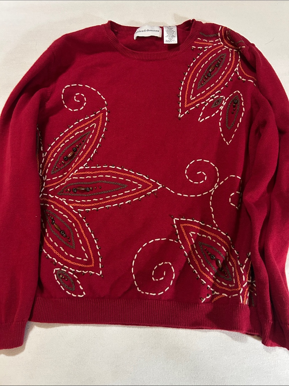 Alfred Dunner Red Crewneck Sweater with Embroidered Swirl Motifs